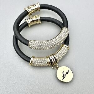 Joan Boyce Set 2 Black Leather Gold Pave Rhinestone Love Barrel-Rolled Bracelets